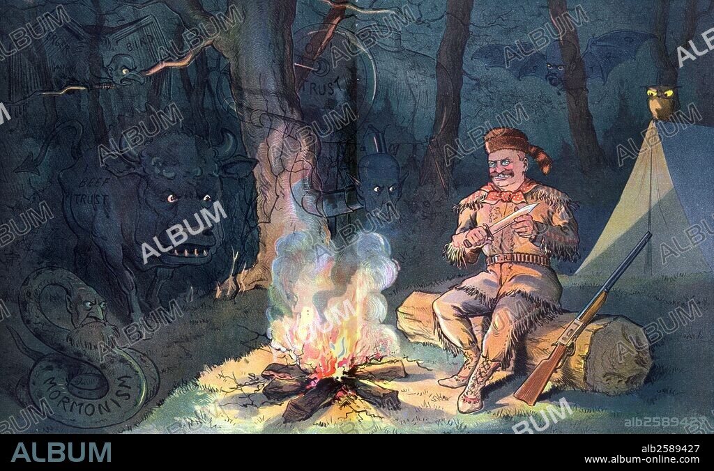 "Seeing things at night" President Theodore Roosevelt wearing buckskin and raccoon hat, sitting by a campfire at night, holding a knife, his rifle by his side; in the shadows beyond the light of the fire are a snake labelled "Mormonism", a bull labelled "Beef Trust", a strange bird labelled "Merger Bird", a locomotive labelled "Standard Oil" with a snake-like appendage extending from the front with the head of John D. Rockefeller, and a bat labelled "Castro". A tent is behind Roosevelt, on the right.