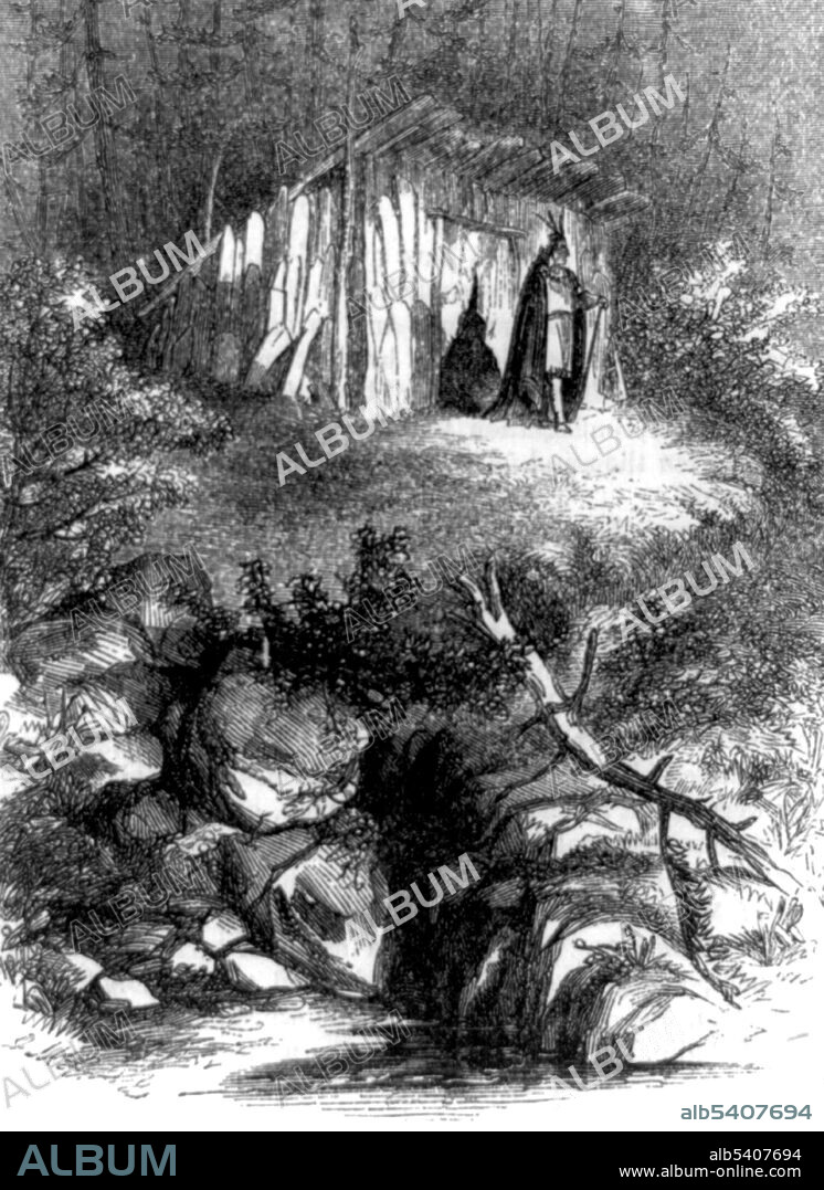 Entitled: The Palace of Massasoit. Massasoit (1581? – 1661?) was the leader of the Wampanoag tribe. According to English sources, Massasoit prevented the failure of Plymouth Colony and the almost certain starvation that the Pilgrims faced during the earliest years of the colony's establishment. He forged critical political and personal ties with the colonial leaders  which grew out of a negotiated peace treaty on March 22, 1621. Peace was maintained for nearly 40 years, until Massasoit's death. Massasoit was humane and honest, never violated his word, and constantly endeavored to imbue his people with a love of peace. He kept the Pilgrims advised of any warlike designs toward them by other tribes. Harper's monthly, 1857 (cropped and cleaned).