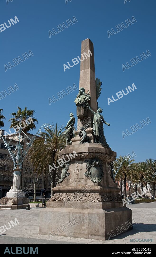 MANUEL FUXÀ I LEAL (1850-1927) (ESCULTURA) and PERE FALQUÉS I URPÍ (1850-1916) (ARQUITECTURA). Manuel Fuxà; Pere Falqués / Obelisk to Francesc Rius i Taulet, 1901, Sculptural group, Barcelona, Barcelona, Catalonia, Spain.