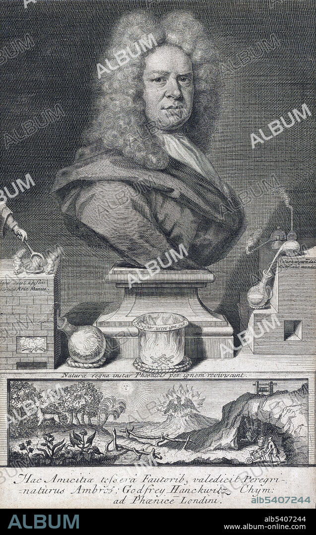 Ambrose Godfrey-Hanckwitz (1660 - January 15, 1741) was a German apothecary. In 1679, he travelled to London where he worked as an assistant to Robert Boyle, trying to produce phosphorus. Two years of research satisfied Boyle's curiosity, but Godfrey was still interested in phosphorus and Boyle agreed to finance him. Godfrey's business grew along with his reputation, and he took on employees, becoming known for producing the best phosphorus available. He also invented and patented a machine that acted as a fire extinguisher. Engraving by George Vertue, 1718 (cropped and cleaned).