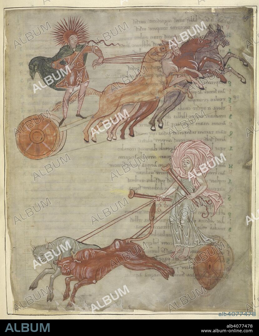 Chariots of the Sun and Moon. Cicero's Aratus. England [Winchester?]; second quarter of 11th cent. (Whole folio) Text; Chariot of the Sun, with Apollo, drawn by horses, and the Chariot of the Moon, with Diana, drawn by oxen  Image taken from Cicero's Aratus.  Originally published/produced in England [Winchester?]; second quarter of 11th century. . Source: Cotton Tiberius B. V, Part 1, f.47. Language: Latin.