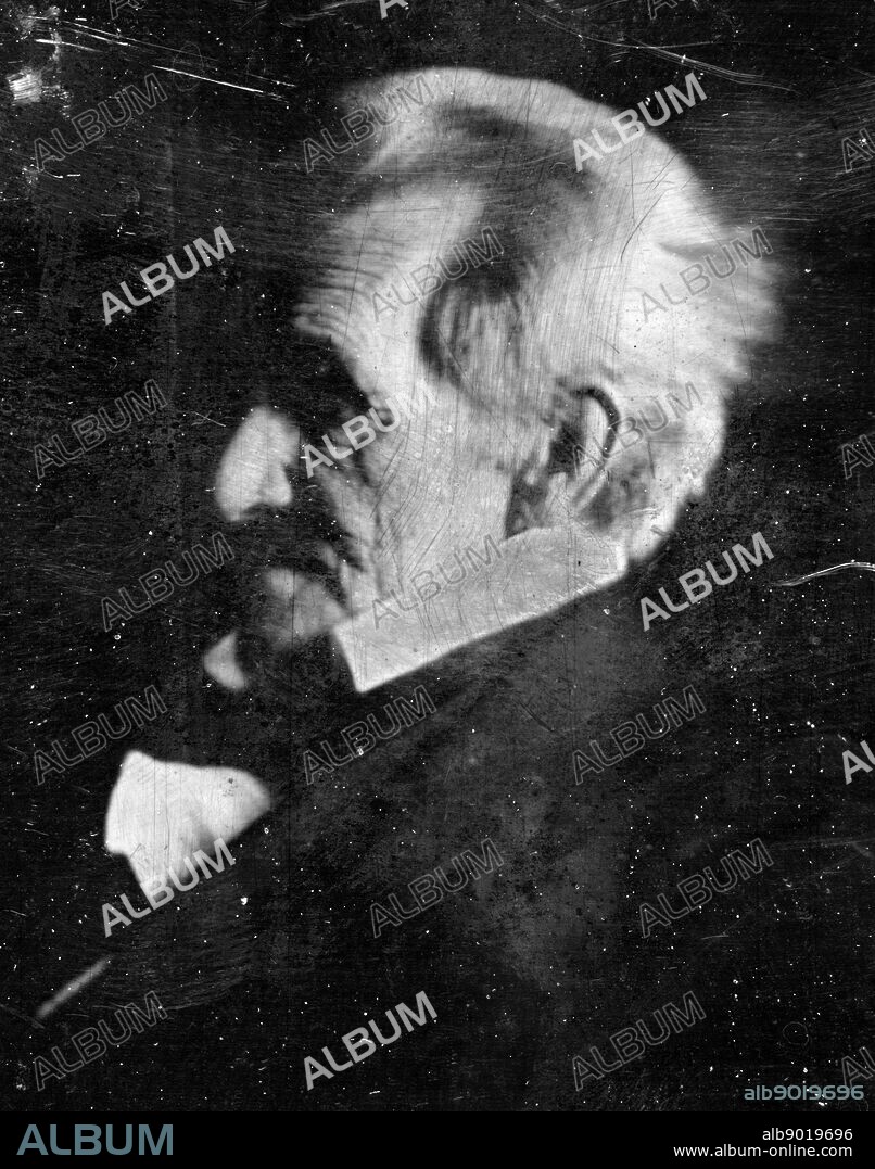 A head-and-shoulders portrait photograph of former US President Andrew Jackson. Showing him in semi-profile. Photographed by Edward Anthony Circa 1844-1845.