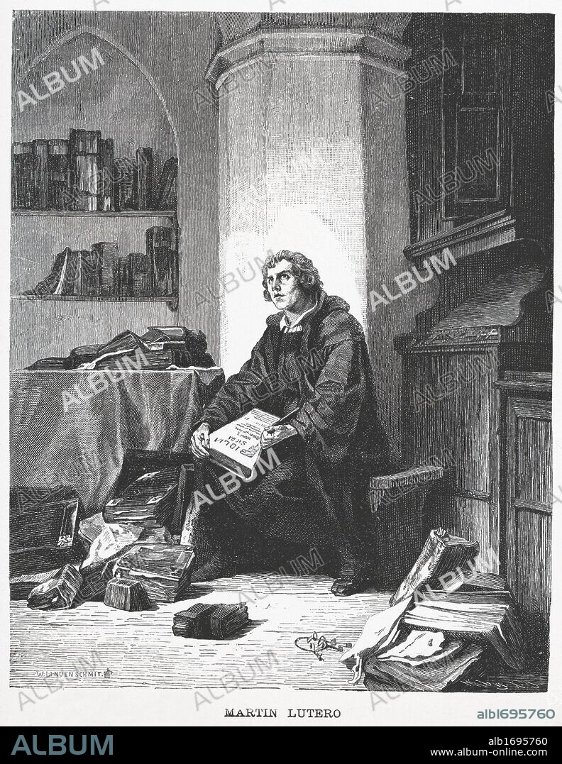 Martín LUTERO (Eisleben, 1483-1546), teólogo, fraile católico agustino recoleto y reformador religioso  alemán, en cuyas enseñanzas se inspiró la Reforma Protestante. Inauguró la doctrina  teológica y cultural denominada luteranismo  e influyó en las demás tradiciones protestantes. Grabado de 1883.