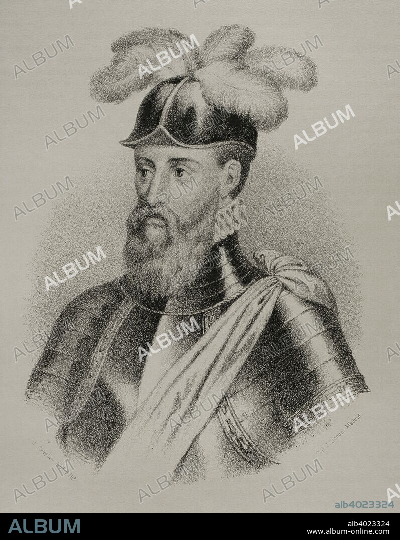 Francisco Pizarro (1478-1541). Conquistador español. Lideró la expedición que iniciaría la Conquista del Perú. Gobernador de Nueva Castilla. Dibujo por J. Cebrián. Litografía. Crónica General de España, Historia Ilustrada y Descriptiva de sus Provincias. Extremadura, 1870. Biblioteca Histórico Militar de Barcelona. Cataluña, España.