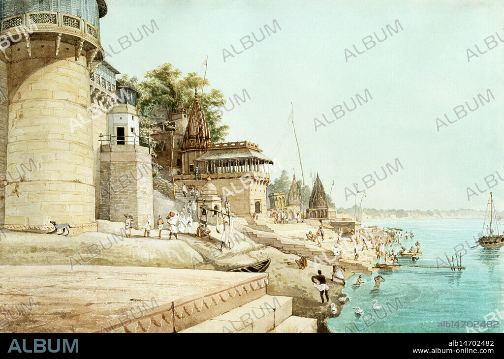 JAMES PRINSEP. View of the Benares ghats, 1825. Benares (Varanasi) is a major place of pilgrimage for Hindus, Jains, Sikhs, and Buddhists alike. The city has 3 miles of ghats (steps) along the banks of the Ganges, from which Hindus bathe in the sacred river. In addition there are burning ghats, from which the ashes of the cremated are scattered over the water. Benares contains a remarkable total of 1500 temples.