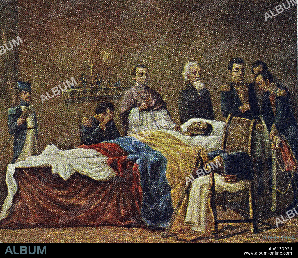 AUTOR LIBRE 01307. Simon Bolivar (1783-1830) dying.. He was a South American revolutionary leader and initiated the independance of several Latin countries such as Venezuela, Colombia or Peru.. Madrid, Institute for Latin American Cooperation. Spain.