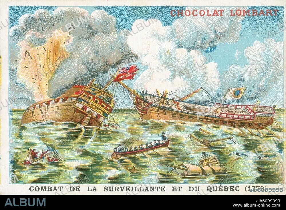 Canada, 7 October 1779. Battle between the French frigate "La Surveillante" and the British frigate "Le Québec" before Quebec.-"Combat de la Surveillante et du Quebec (1779)".-Colour lithograph, c.1890. Collector's card of "Chocolat Lombart". From a series about French history.