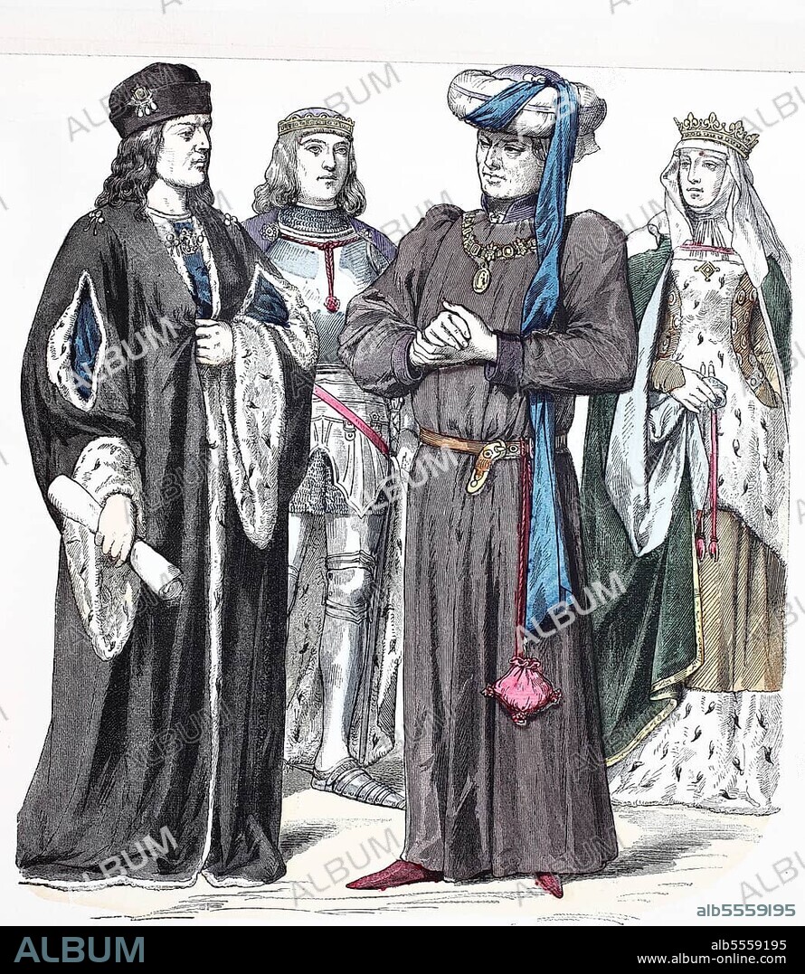 Folk traditional costume, clothing, history of costumes, costume of Henry VII Duke of Suffolk, Henry VI Duchess of Suffolk, England, 15th century, digitally restored reproduction of a 19th century original, exact date unknown