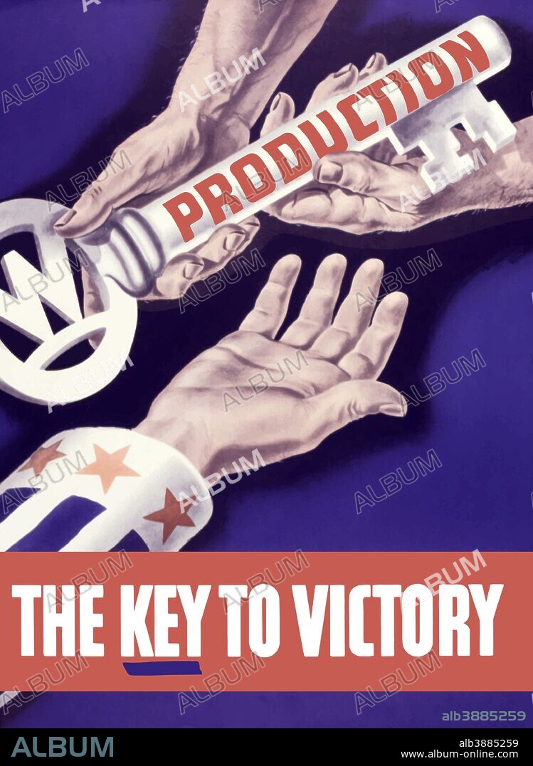 Vintage World War II propaganda poster featuring someone handing a large key to the hand of Uncle Sam. It reads, Production, The Key To Victory.