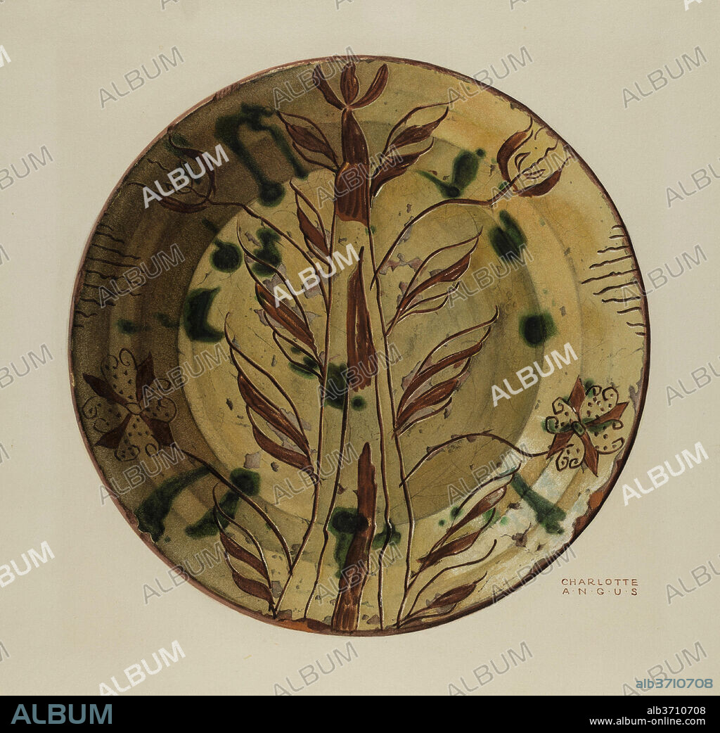 CHARLOTTE ANGUS. Dish. Dated: 1935/1942. Dimensions: overall: 37.7 x 38.7 cm (14 13/16 x 15 1/4 in.)  Original IAD Object: 11 1/4" in diameter. Medium: watercolor and graphite on paper.