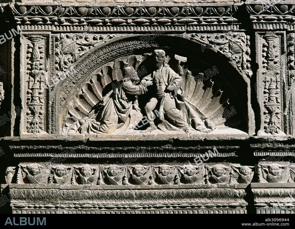 VIGARNY o BIGARNY, Felipe (Langres, 1475-Toledo, 1543). Arquitecto y escultor español de origen borgoñón, conocido con el nombre de "Felipe de Borgoña". Relieve de estilo plateresco de la IGLESIA PARROQUIAL DE SANTO TOMAS EL APOSTOL. Tímpano con la representación de LA INCREDULIDAD DE SANTO TOMAS, que se desvaneció ante la presencia de Cristo resucitado, cuando éste le dijo: "Trae tu mano y ponla en mi costado y no seas incrédulo, sino creyente" (Juan 20, 26-27). HARO. Alta Rioja. España.