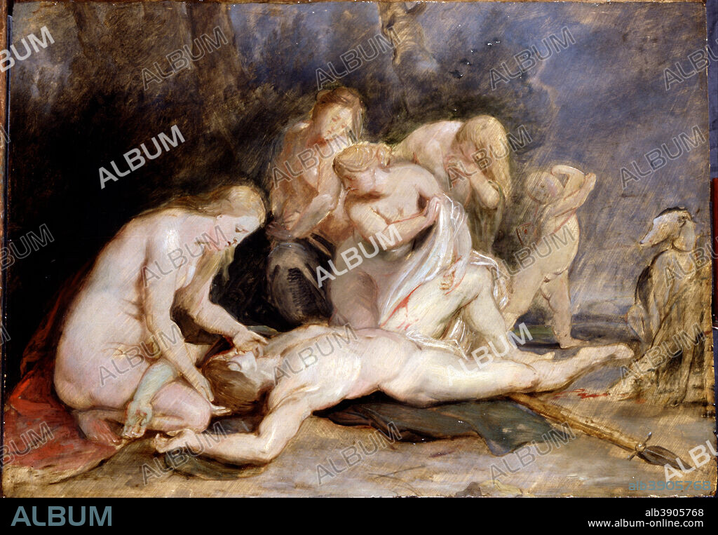 SIR PETER PAUL RUBENS. Venus mourning Adonis. Date/Period: Ca. 1614. Painting. Oil on panel Oil. Height: 485 mm (19.09 in); Width: 665 mm (26.18 in).