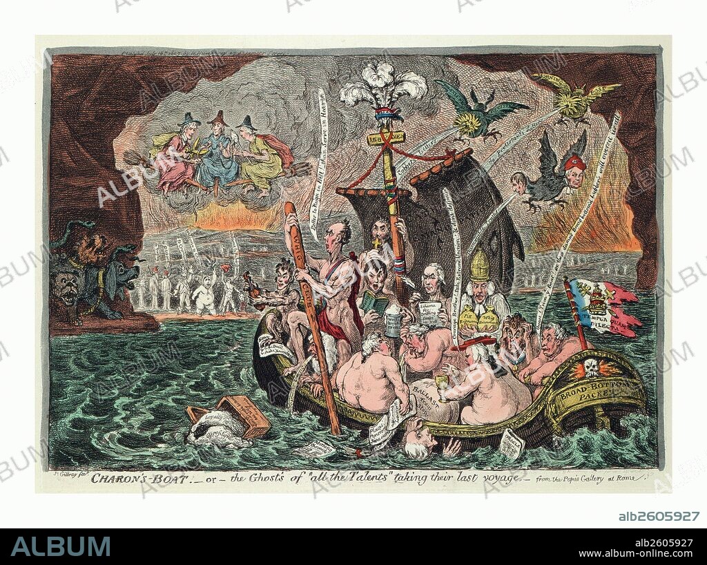Charon's Boat or the Ghosts of all the Talents taking their last voyage, from the Pope's Gallery at Rome, A group of naked Whig politicians, including three Grenvilles, Sheridan, St. Vincent, Moira, Temple, Erskine, Howick, Petty, Whitbread, Sheridan, Windham,and Tomline, Bishop of Lincoln, crossing the river Styx in a boat named the Broad Bottom Packet. Sidmouth's head emerges from the water next to the boat. The boat's torn sail has inscription Catholic Emancipation and the center mast is crowned with the Prince of Wales feathers and motto Ich Dien. On the far side the shades of Cromwell, Charles Fox and Robespierre wave to them. Overhead, on brooms, are the Three Fates; to the left a three-headed dog. Above the boat three birds soil the boat and politicians.