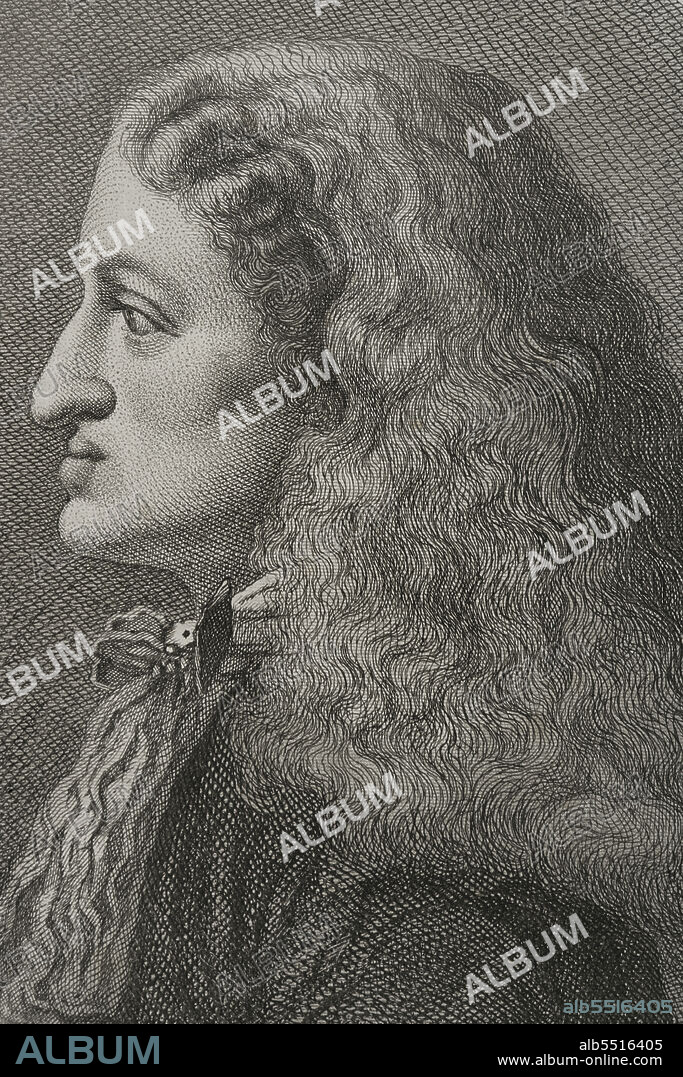 MAGíN PUJADAS. 19TH-CENTURY SPANISH ENGRAVER AND LITHOGRAPHER. ALPHONSE MASSON (1810/14-1898). FRENCH ETCHER.. Carlos II de España, llamado "el Hechizado" (1661-1700). Rey de España entre 1665 y 1700. Dinastía de los Austrias. Retrato. Grabado por Masson. Litografía por Magín Pujadas. Detalle. Historia General de España, por Modesto Lafuente. Tomo III. Editada en Barcelona, 1879.