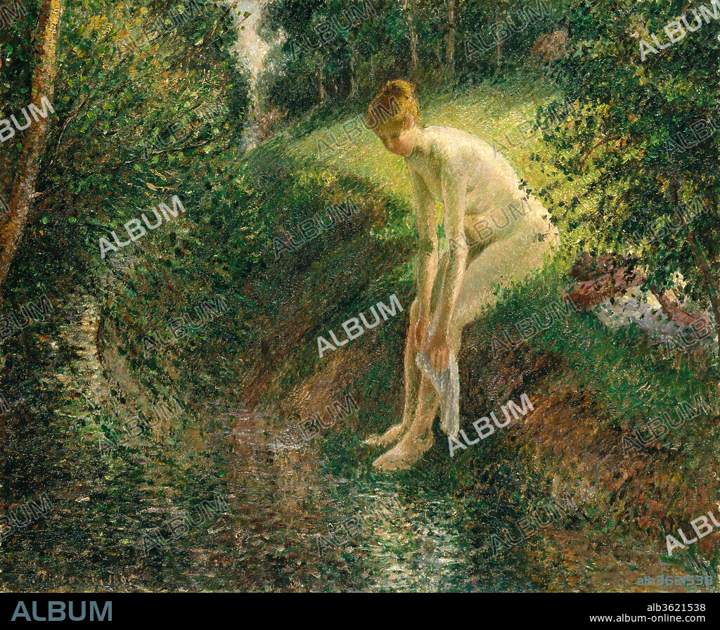 Bather in the Woods. Artist: Camille Pissarro (French, Charlotte Amalie, Saint Thomas 1830-1903 Paris). Dimensions: 23 3/4 x 28 3/4 in. (60.3 x 73 cm). Date: 1895.
In summer 1893 Pissarro wrote his son Lucien that he was planning a series of canvases of nude peasant women bathing, even though he foresaw difficulties in engaging models in rural Éragny. None were completed until 1894, and Pissarro continued to paint variations on the theme through 1896. This picture falls midway in the project. Pissarro's approach reflects the continuing influence of divisionist technique, but more naturalistic tendencies emerge in his attempts to capture the delicate fall of light over the grassy bank and the woman's back. Her pose recurs in two studies of a clothed model painted the same year.