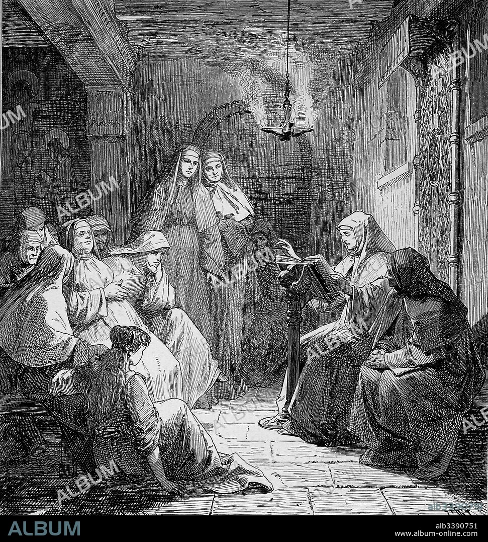 Hrotsvitha of Gandersheim, 935 - 1002, was a 10th-century German secular canoness, dramatist and poet who lived at Gandersheim Abbey in modern-day Bad Gandersheim, Germany, here she reads her legends, historical illustration.