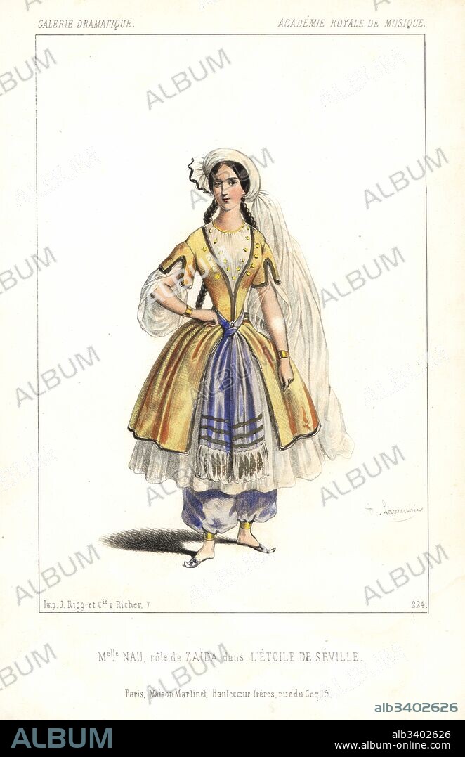 Spanish soprano opera singer Maria Nau as the Moorish slave girl Zaida in L'Etoile de Seville by Michael William Balfe, Academie Royale de Musique, 1845. Handcoloured lithograph after an illustration by Alexandre Lacauchie from Victor Dollet's Galerie Dramatique: Costumes des Theatres de Paris, Paris, 1845.