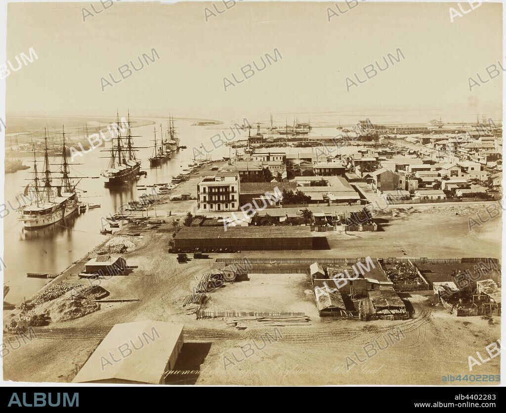 Photograph - British Troops Arriving in Port Said, Egypt, 1882, One of four albumen silver photographs depicting the Suez Canal, circa 1880s. The Suez Canal is a part natural and part man-made sea-level waterway through eastern Egypt connecting the Mediterranean and Red Seas. While primitive channels in the region had been used by shipping from ancient times, the modern canal route was constructed over a 10 year period by the French-based Suez Canal Company.