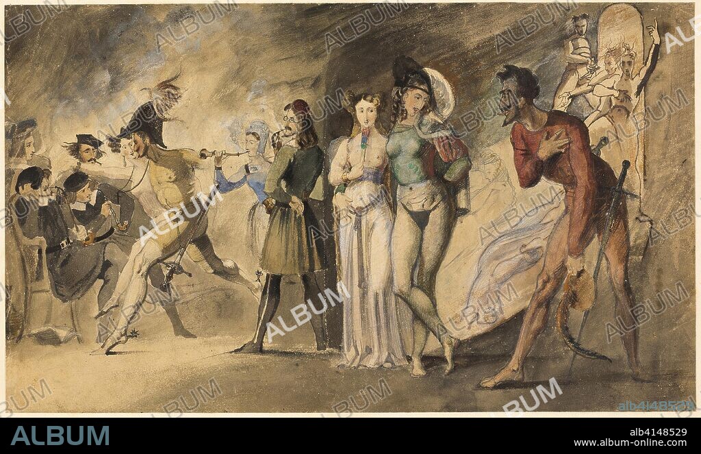 THEODORE MATTHIAS VON HOLST. Scene from Faust: Auerbach's Cellar. Unknown Artist; possibly British, 18th-19th centuries. Date: 1820-1844. Dimensions: 306 × 516 mm. Watercolor and gouache, over graphite, with pen and brown ink, heightened with gum arabic, on cream wove paper, laid down on cream board. Origin: England.