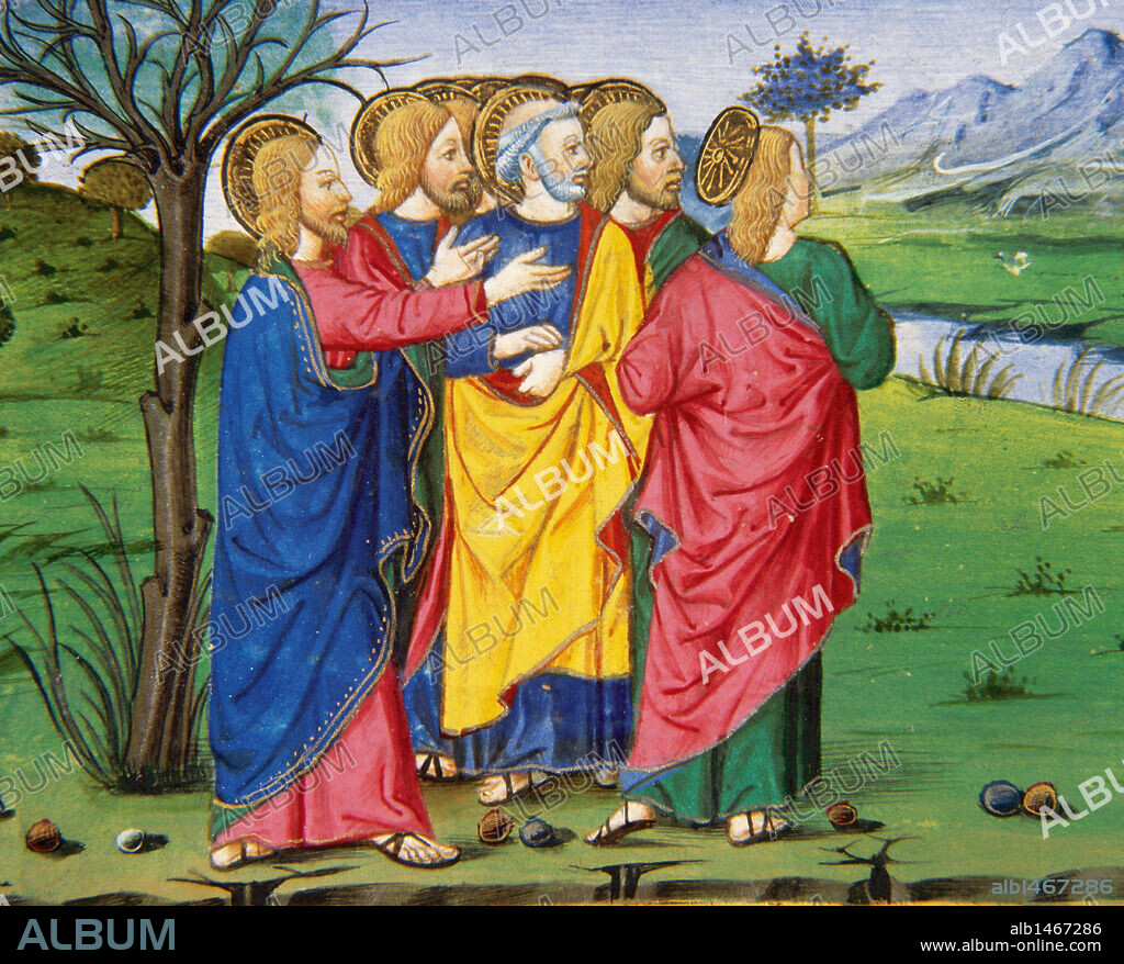 "JESUS Y SUS DISCIPULOS PASANDO JUNTO A LA HIGUERA SECA". Página miniada del CODICE DE PREDIS. Renacimiento-Quattrocento (s. XV). Biblioteca Real. Turín. Italia.