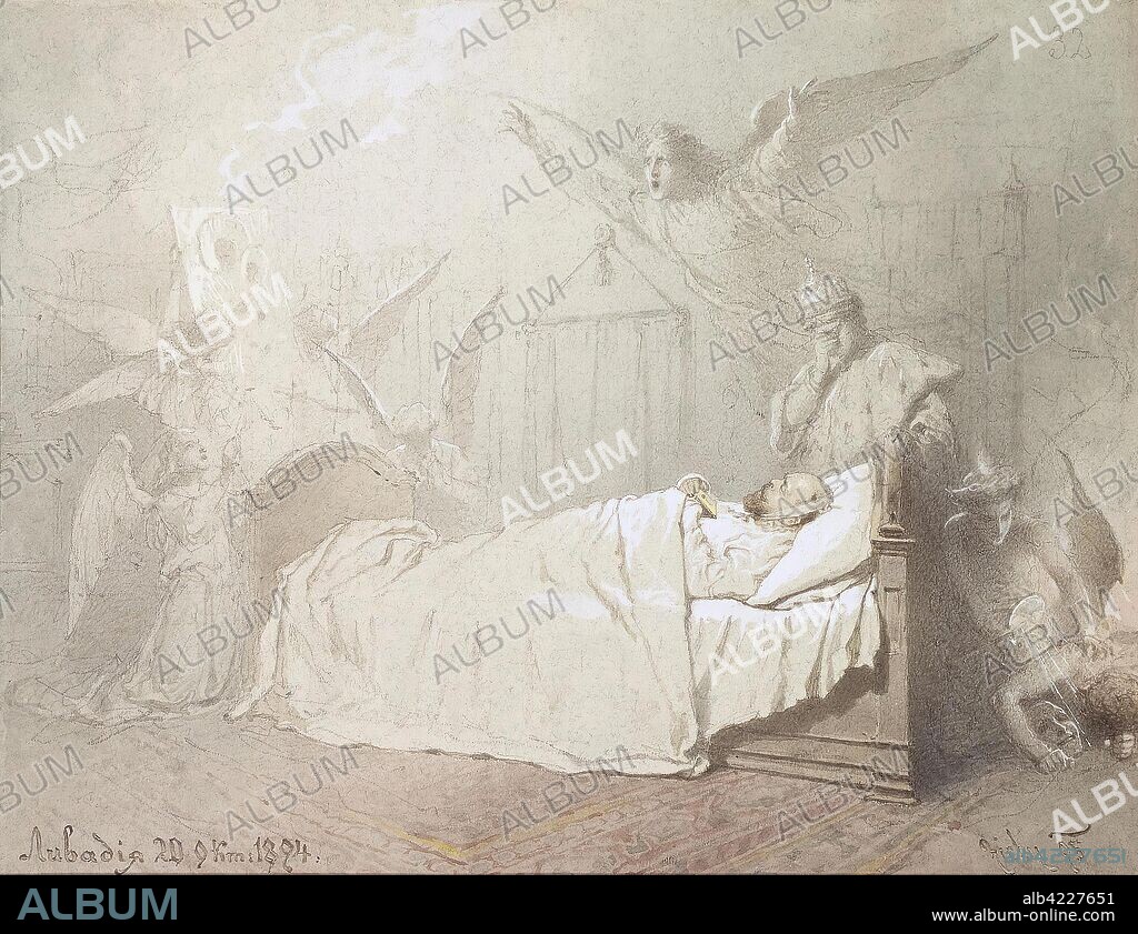 MIHALY VON ZICHY. 'Alexander III on his Deathbed Surrounded by Angels with a Grieving Youth Symbolizing the Romanov Dynasty'. Series "Death of Alexander III in Livadia". Russia, 1895. Dimensions: 23,5x31 cm.