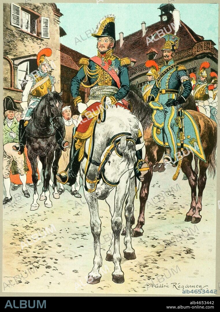 1815. Le general Jean RAPP (1772-1821) et son etat major en Alsace. De gauche a droite, un officier des carabiniers, le general RAPP, l'aide de camp du general. Illustration de Frederic REGAMEY (1849-1925) tiree du recueil de planches : Les garnisons d'Alsace au 19eme siecle, publie vers 1911. Credit : Collection Mx/Kharbine-Tapabor.
