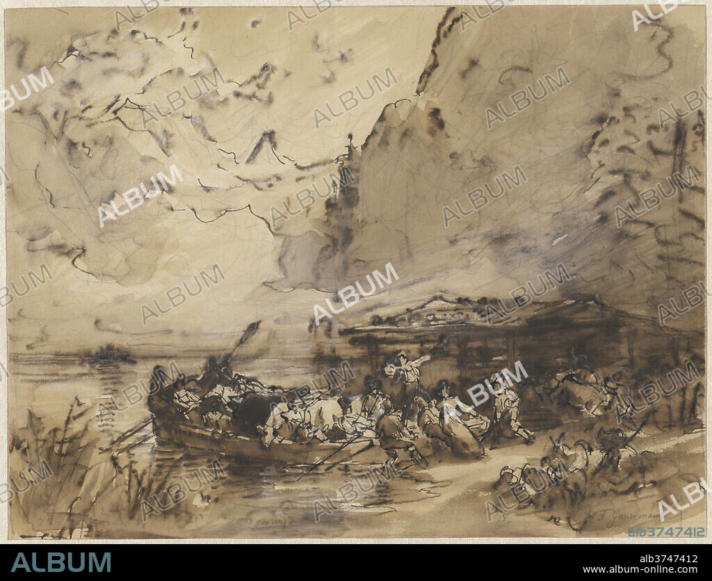 FRIEDRICH GAUERMANN. A Ferry on the Königsee. Dated: 1827/1839. Dimensions: sheet: 21.9 x 28.9 cm (8 5/8 x 11 3/8 in.). Medium: pen and brown ink with brown wash over graphite on wove paper.