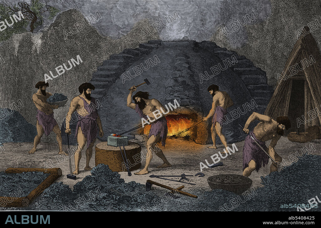 Iron Age blacksmiths at work. The Iron Age is the period in cultural development succeeding the Bronze Age in Asia, Europe, and Africa, characterized by the introduction of iron metallurgy. In southeastern Europe and the Middle East the beginning of the Iron Age is generally dated to around 1200 BC, with later dates for other parts of Europe and the other continents. Although not as hard or durable as bronze, iron is a more abundant resource, and the Iron Age saw a rapid expansion of metalworking wherever the technology was introduced. The term 'Iron Age' has low chronological value, because it didn't begin simultaneously across the entire world. Image taken from page 303 of 'Primitive Man' by Louis Figuier, 1870.