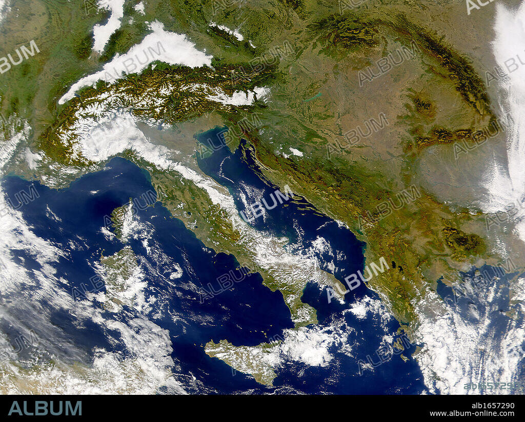 Satellite image of Italy and the Balkans.