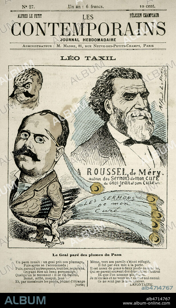 Caricature representant Leo TAXIL (1854-1907), ecrivain anticlerical en oiseau pare de plumes, par Alfred LE PETIT (1841-1910) publiee dans le journal Les Contemporains dans les annees 1880. Credit : Collection KHARBINE-TAPABOR.