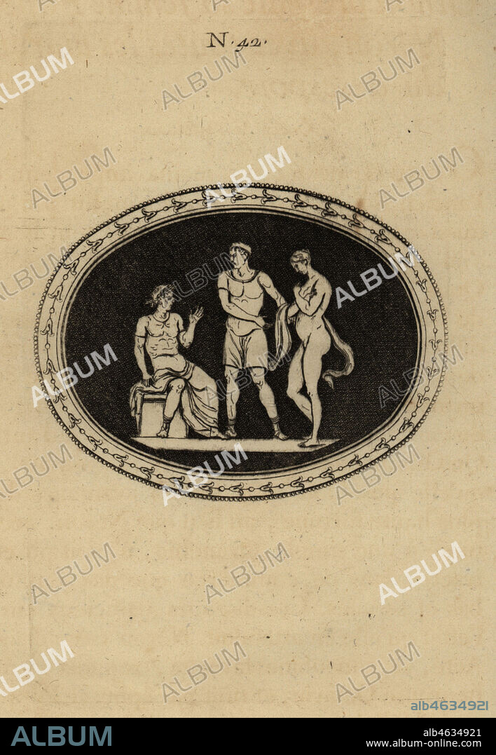 Otho presents his naked wife Poppaea Sabina to the Emperor Nero with all the signs of despair. Othon presente sa femme Popee a Neron, avec toutes les marques du desespoir. Copperplate engraving from Pierre-Francois d'Hancarvilles Monumens de la Vie Privee des Douze Cesars, Chez Sabellus, Capri (Monuments of the Private Lives of 12 Caesars, Leclerc, Nancy) 1780. From imaginary Spintria, medals and cameos.