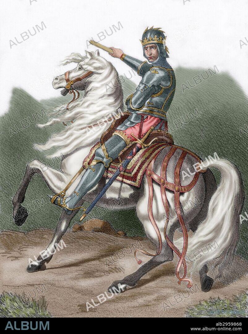 ALFONSO V de Aragón y IV de Cataluña, llamado "El Magnánimo" (1396-Nápoles,1458). Rey de la Corona de Aragón (1416-58) y de Nápoles (1442-1458). Dirigió una política que tenía como objetivo arrebatar a Génova la hegemonía sobre el Mediterráneo. "EL REY ALFONSO EL MAGNANIMO A CABALLO". Grabado de "Historia de España Ilustrada", del siglo XIX. Coloreado.