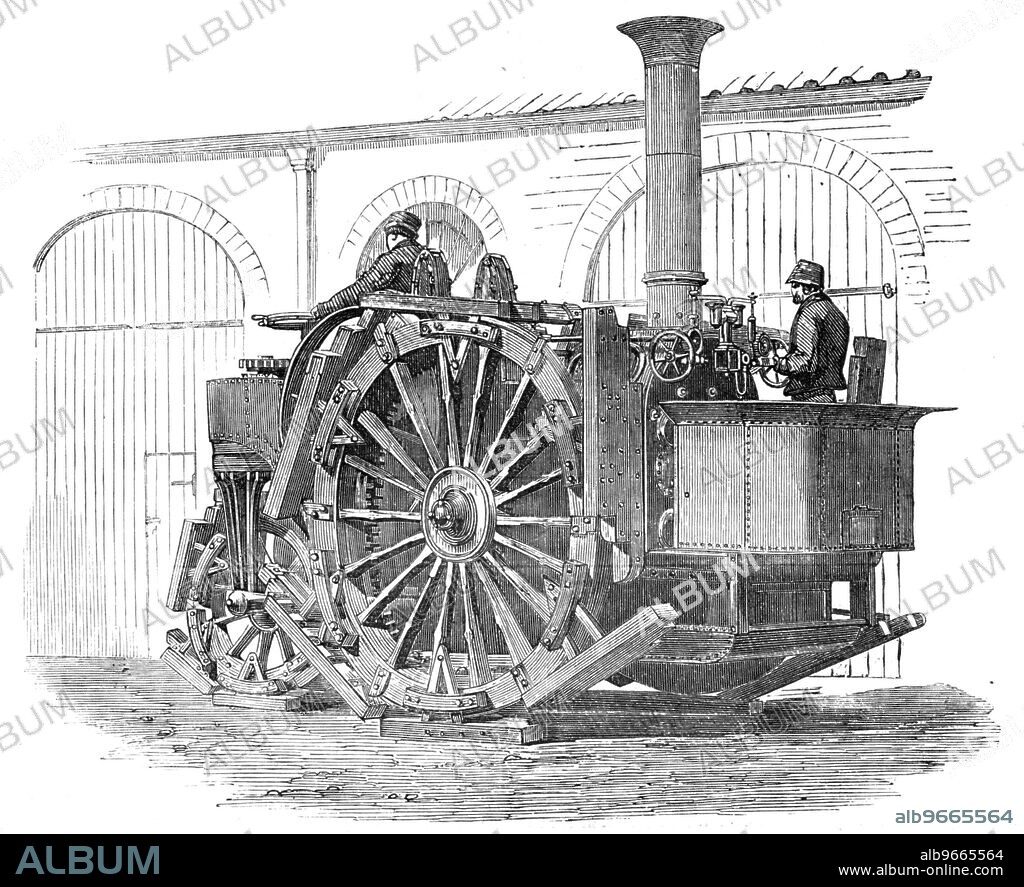 Messrs. Tuxford's Traction-Engine, exhibited at the Smithfield Club Cattle Show, [London], 1857. '...the Traction Engine, or Steam Horse [is] a sort of walking leviathan, more powerful than the elephant, yet as manageable as the farmer's best-bred cart-horse. A number of these self-moving machines are in course of construction, or are already completed, for some large sugar plantations in the West Indies...the credit of its invention belongs to Mr. Boydell...This engine weighs altogether about twelve tons, and is consequently a costly affair'. From "Illustrated London News", 1857.