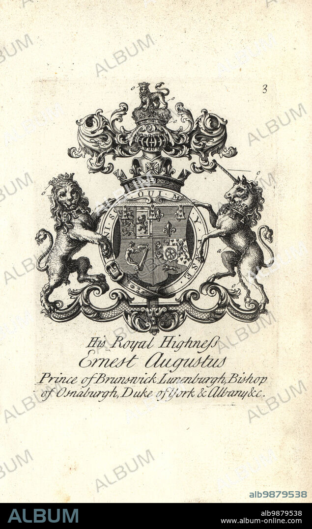 Coat of arms and crest of HRH Ernest Augustus, Prince of Brunswick Luneburg, Bishop of Osnaburgh, Duke of York and Albany. Copperplate engraving by Andrew Johnston after C. Gardiner from Notitia Anglicana, Shewing the Achievements of all the English Nobility, Andrew Johnson, the Strand, London, 1724.