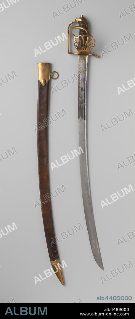 Saber with scabbard of a Frenchman who fell at Castricum in 1799, Saber with copper hilt, of a Frenchman who fell at Castricum in 1799. Narrow curved blade, trench over three-quarters of the length, blued, gilt engraved. Handle with braided iron wire. Bracket is shell-shaped and also bump plate, Castricum, anonymous, France, before 1799, iron (metal), copper (metal), leather, l 91.1 cm × w 11.5 cm × h 10 cm × d 7.4 cm l 13.5 cm w 3.27 cm.