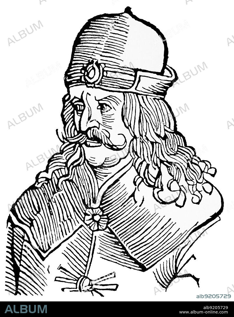 Vlad III, commonly known as Vlad the Impaler or Vlad Dracula (1428/31 ,Ai 1476/77), was Voivode of Wallachia three times. He is often considered one of the most important rulers in Wallachian history and a national hero of Romania. Notorious for his cruelty, his patronymic inspired the name of Bram Stoker's literary vampire, Count Dracula. Illustration after a 16th-century engraving.