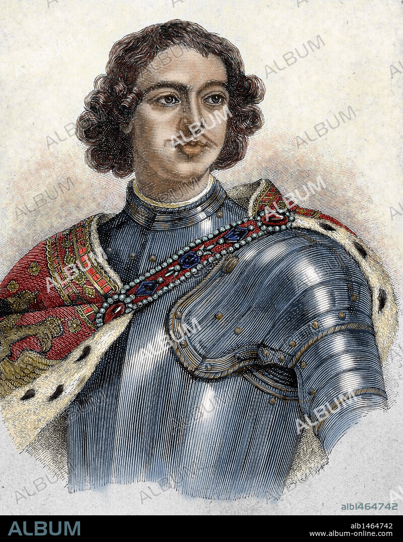 Peter I the Great (1672-1725). Tsar of Russia (1682-1725). He was proclaimed Tsar after the death of his brother Fedor III (1682) along with his brother Ivan V. Colored engraving.