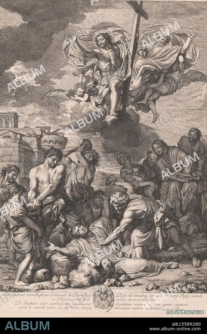 Stoning of Saint Stephen, print, print maker: Etienne Picart, after painting by: Charles Le Brun, (mentioned on object), Lodewijk XIV (koning van Frankrijk), (mentioned on object), France, 1651 - 1721, paper, engraving, etching, height, 600 mm × width, 401 mm.