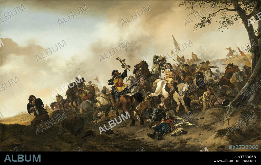 PHILIPS WOUWERMAN. Battle Scene. Dated: c. 1645/1646. Dimensions: overall: 48 x 82.5 cm (18 7/8 x 32 1/2 in.)  framed: 62.9 x 97.3 x 6 cm (24 3/4 x 38 5/16 x 2 3/8 in.). Medium: oil on panel.