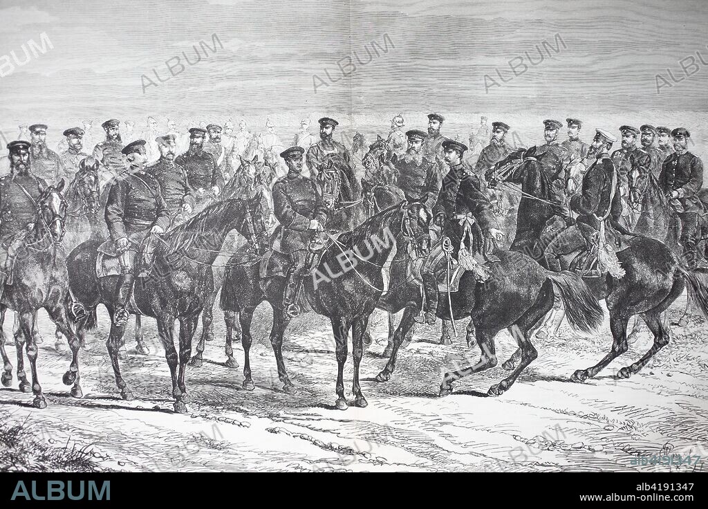 General von Werder and his staff in the Battle of Lisaine, near Belfort, France, January 1871 in the German-French War. The Battle of the Lisaine, also known as the Battle of Hericourt was fought from 15 January to 17 January 1871 between German and French forces., digital improved reproduction of a woodcut from the year 1880.