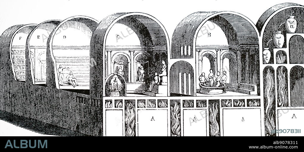 An engraving depicting Roman baths showing a hypocaust system, a system of central heating in a building that produces and circulates hot air below the floor of a room, and may also warm the walls with a series of pipes through which the hot air passes. Dated 19th century.