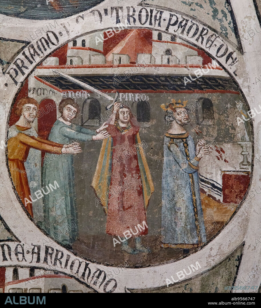 The death of Priam by the hand of Pyrrhus, nickname of Neoptolemus., detail from The Wheel of Barlaam. One of the wheels with scenes of inglorious deaths of kings and powerful of antiquity. Frescoes attributed to Cristoforo di Bindoccio and Meo di Piero, 14th century. F. Asciano (SI), Civic Museum of Archeology and Sacred Art in Corboli Palace, Room of Aristotle.