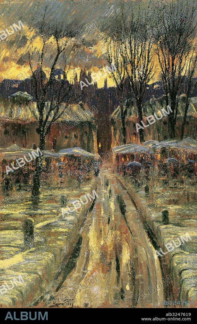 ARTE. SIGLO XIX. ESPAÑA. Epoca de La Restauración (1875-1887). Enrique Serra Auqué (Barcelona, 1859-Roma, 1918). Pintor catalán. "PAISATGE URBA NEVAT" (PAISAJE URBANO NEVADO), 1885. Oleo sobre madera (39,3 x 40,3 cm.). Museo Diocesano de Barcelona. Cataluña.