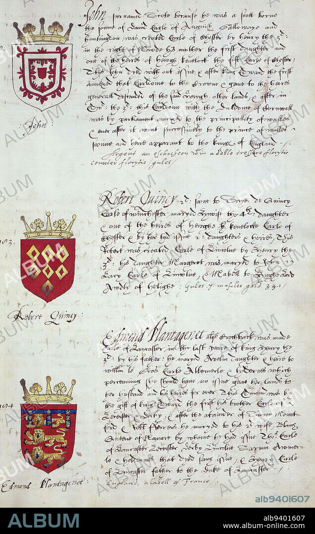 Book of English heraldry, Arms of John, Robert Quincy, and Edmund Plantagenet, This book of English heraldry was completed ca. 1589. The manuscript belonged to the Spencer family, as known through inscriptions on the first few flyleaves, including the motto 'Dieu defende Le Droit' (God defends the right). This motto has long been associated with the Spencer family of England, which is the family line of Princess Diana, as well as the Spencers who were among the founders of Virginia. The Spencer family's heraldry is included in the manuscript, along with the coats of arms of numerous prominent British families, including the Hasting, Gray, Beuford, and Percye families.