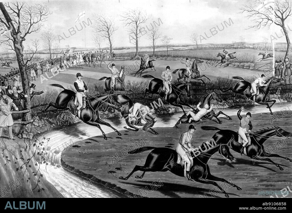 Liverpool Grand Steeplechase - This, in 1839, was the fourth Grand Steeplechase on the Aintree Course, but it is considered the first Grand National. They ran tiwce round a two-mile circuit, jumping 29 obstacles. Part of the course was plough. There were two brooks, each taken twice. The favourite was The Nun, Allen McDonough (stripes), the winner Lottery, Jem Mason (white blaze, behind him), and the second Seventy Four, Tom Oliver (extrme left, jumping). Captain Becher on Conrad had already fallen into the other brook for the second time. The History of Horse Racing by Roger Longrigg, page 159.
