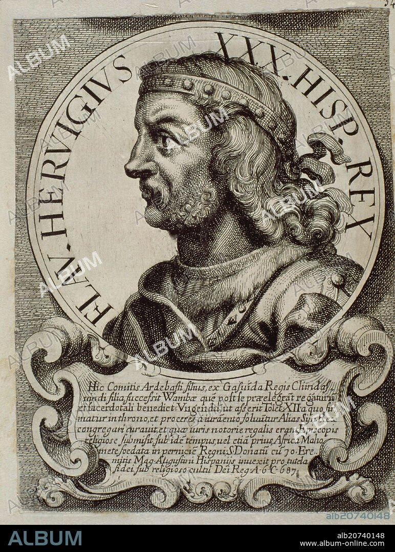 ARNOLDO VAN WESTERHOUT (1651-1725). ERVIGIO (?-687) REY DE LOS VISIGODOS ENTRE LOS AÑOS 680 Y 687 - EFFIGIES ET SERIES REGUM HISPANIAE - GRABADO SIGLO XVII.
