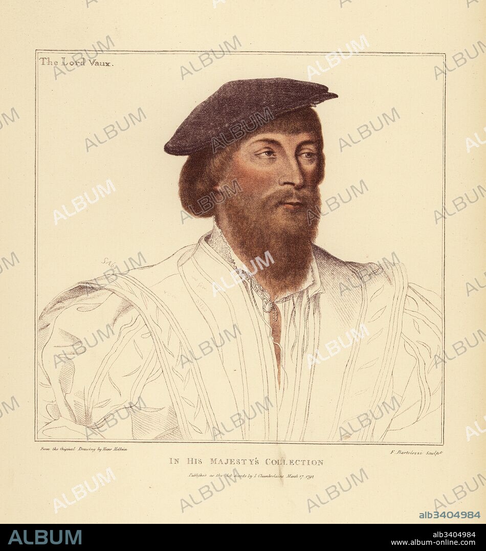 Thomas Vaux, 2nd Baron Vaux of Harrowden (1509-1556), English poet and nobleman. Handcoloured copperplate engraving by Francis Bartolozzi after Hans Holbein from Facsimiles of Original Drawings by Hans Holbein, Hamilton, Adams, London, 1884.