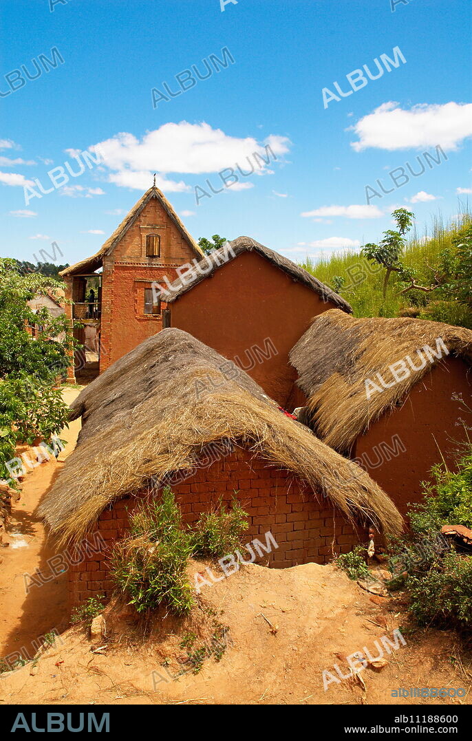 Traditional houses on Hill around Tananarive, Madagascar, Africa.