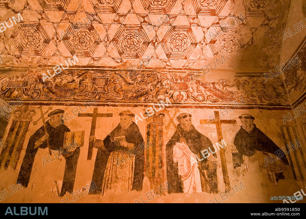 Pinturas murales el la sala "de profundis" antecomedor. Convento dominico de la Natividad(s.XVI).Tepoztlán. Estado de Morelos .México.