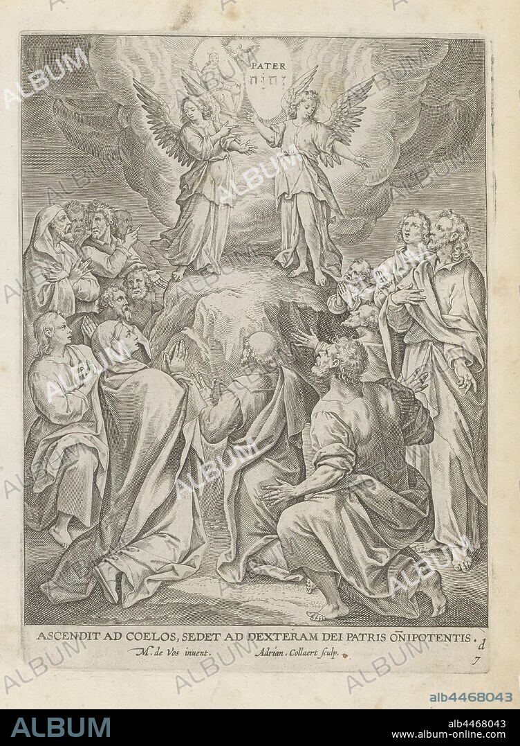 Ascension ascension ad coelos sedet ad dexteram dei Patris onipotentis (title on object) Van 'T Geloove and his twelfelf Artyckelen (series title) Apostolic creed (series title) Den Grooten Figuer- Bibel (...) (series title), Illustration of the sixth article of faith ([Christ] ascended to heaven, sits at the right hand of God, the almighty Father) of the apostolic confession. After Christ has ascended to heaven, the apostles look to heaven. Two angels appear to them. Behind the angels the Holy Trinity. Christ stands with the cross on the right hand of God the Father. This print is part of an album, 'ascendit ad coelos, sedet ad dexteram patris omnipotentis', articles of faith, angel (s) talking to the apostles and perhaps to other witnesses of the Ascension, Christ ascends into heaven, apostles (and Mary) beneath, Holy Trinity in which one, two or all figures are represented in human shape, Adriaen Collaert (mentioned on object), 1570 - 1618 and/or 1646, paper, engraving, h 189 mm × w 140 mm.